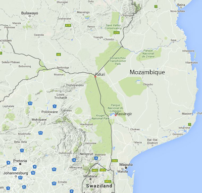 Map of South Africa and Mozambique Parks