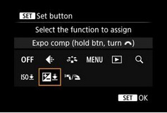Next I select the exposure compensation function and assign it. Now if I press the SET button I can use the top dial to change the exposure compensation