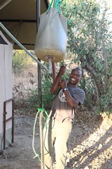 Here our tent attendant has filled the bucket shower with hot water and is hoisting it up above the tent so it will gravity feed the shower